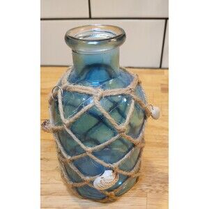Blue Seamless Glass Carboy Bottle, Jute Netting And Shells 7” Tall-Cute